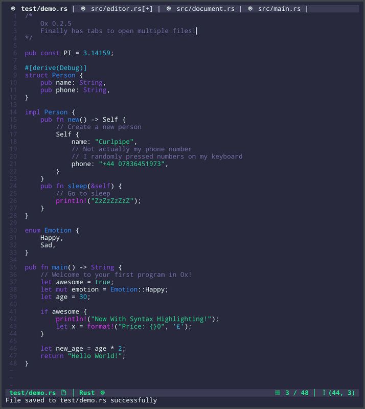 一个开源的 #命令行 #文本编辑器 Ox，对 Linux 与 macOS 支持良好