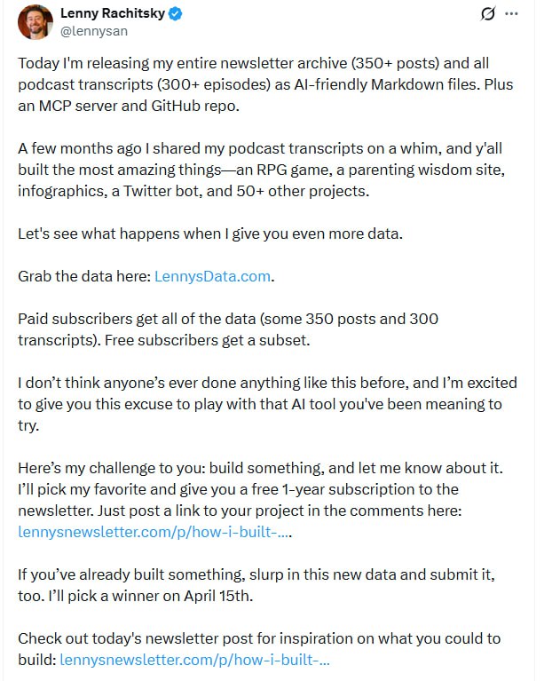 Newsletter 大神 Lenny Rachitsky 在几个月前分享了播客转录，有人用它做出了