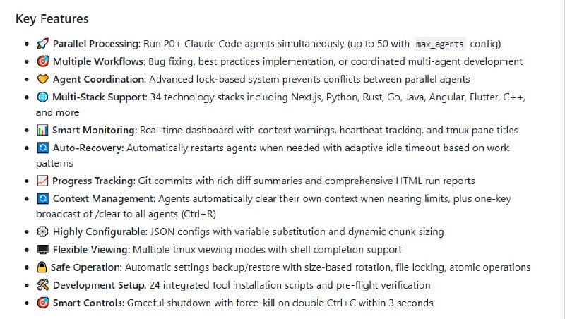 多Agent协同提升代码质量的自动化框架• 并行运行20+ Claude Code agents，最高支持50个，极大加速大规模代码库的自动化改进  • 三大工作流支持