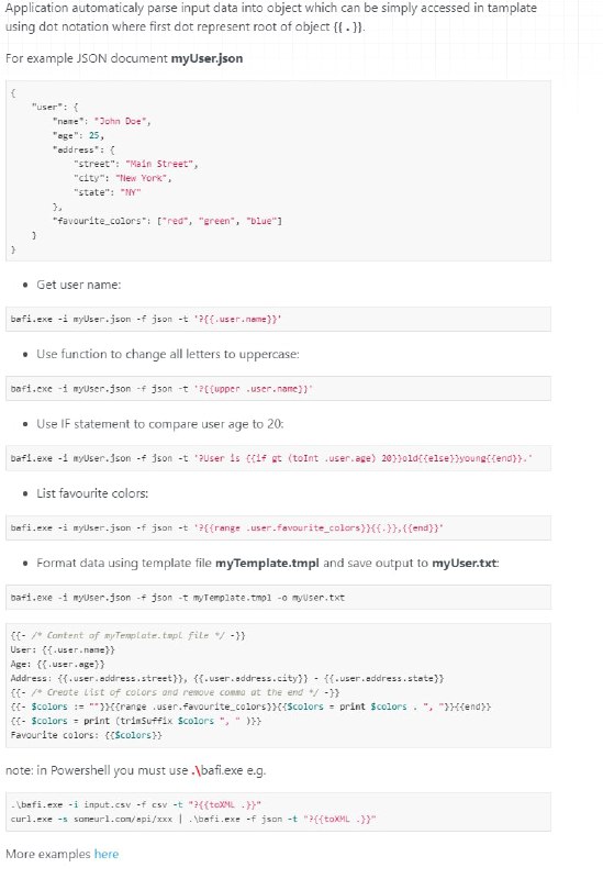 bafi 使用模板将各种格式（json、bson、yaml、csv、xml）转换为任何输出格式bafi 使用模板将各种格式（json、bson、yaml、csv、xml）转换为任何输出格式