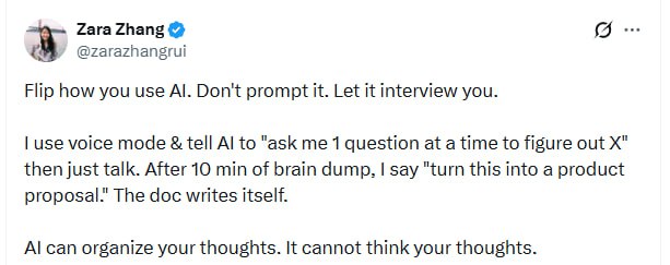 Zara Zhang提出了一个颠覆传统AI使用方式的思路