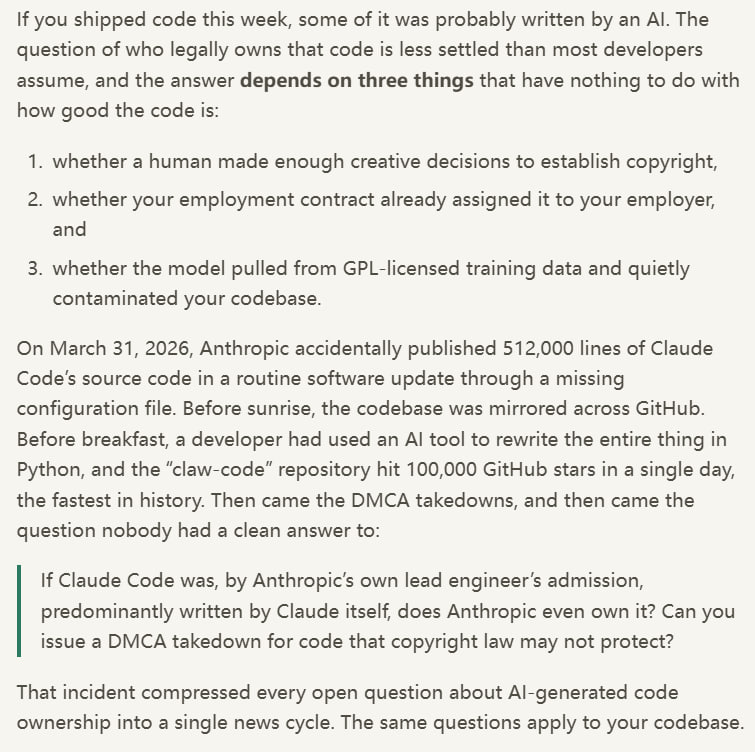 AI 写的代码无版权？所有权与法律责任千万别混淆 | blog如果你正在使用 Claude Code 或 Cursor 编写代码，请意识到