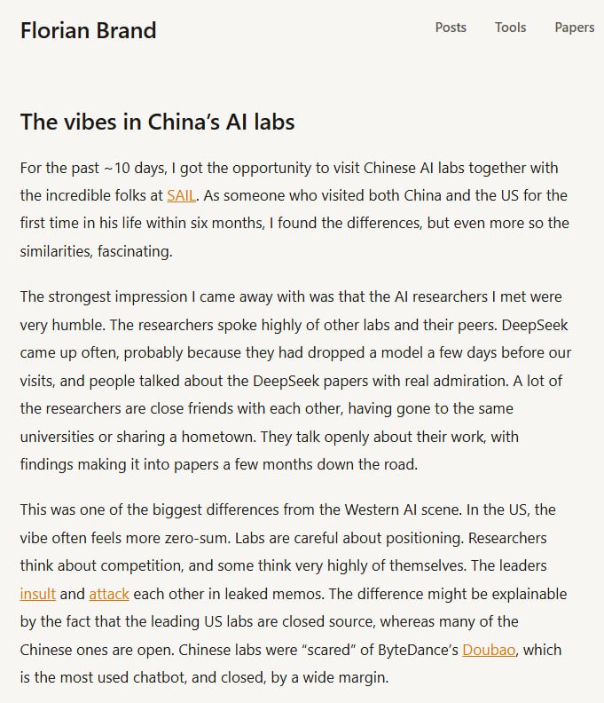 Florian Brand （ Prime Intellect的工程师、Interconnects AI的编辑）五一期间刚到中国AI实验室来访问，转了一圈后写下了他的感受