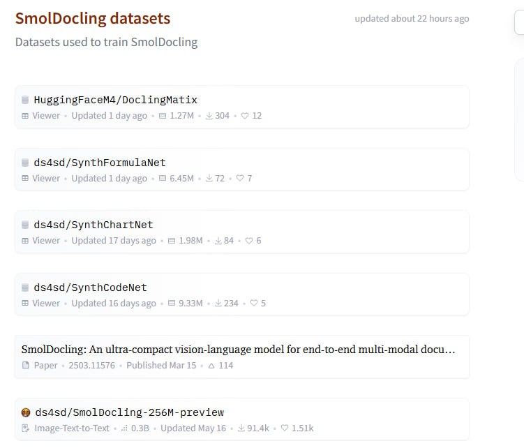 SmolDocling 发布四大全新 OCR 数据集，涵盖 2000 万图像，助力构建超紧凑（256M 参数）全页文档转换视觉语言模型，性能媲美体量大 27 倍的同类模型