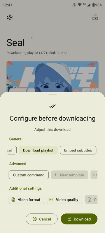 一个开源的 Material You 风格的视频下载软件，可以从开源项目 yt-dlp 所支持的数千个视频平台下载视频与音频，使用 Jetpack Compose 进行开发功能特色📌从 yt-dlp 所支持的数千个视频平台下载视频与音频📌提取媒体元数据与专辑封面，调用 mutagen 嵌入到提取的音频文件中📌播放列表下载支持📌内嵌字幕于视频文件中📌执行自定义的 yt-dlp 命令模板📌管理应用内下载与自定义命令模板📌使用简单、用户友好📌遵循 Material Design 3 设计规范，实现了 动态色彩 主题的应用界面📌MAD