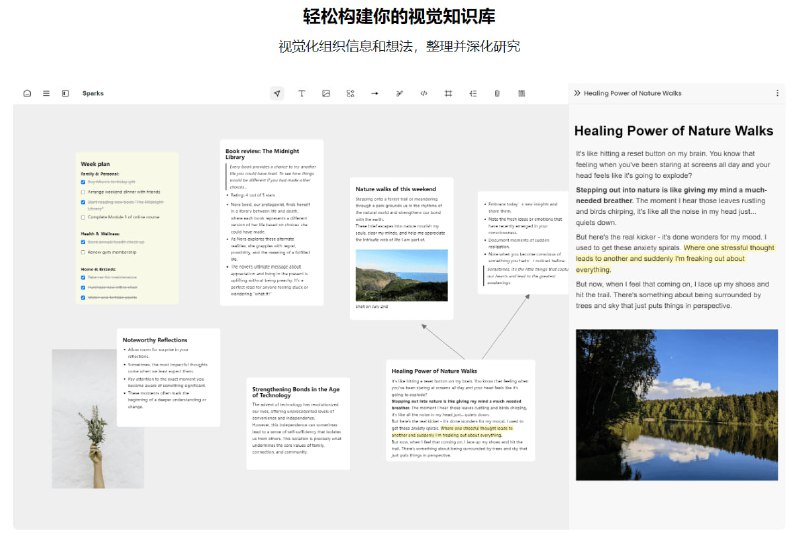 在无边画布进行视觉研究，完美融合卡片笔记和白板的视觉化知识管理软件，离线运行，隐私快速