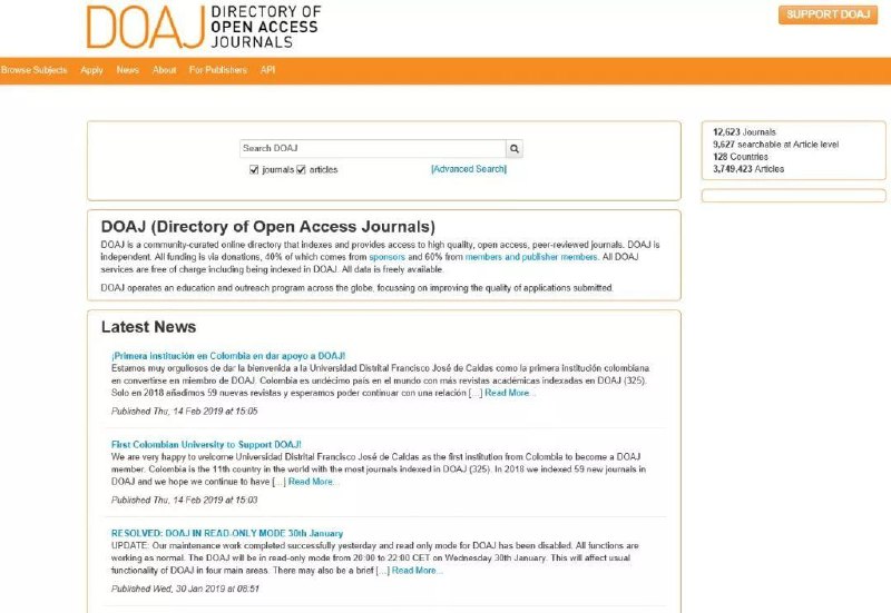 国外学术网站 DOAJ（Directory of Open Access Journal），由瑞典的隆德大学图书馆Lund University Libraries设立于2003年5月，DOAJ的优势在于收录的期刊有着严格的质量控制，包括很多SCI收录的期刊