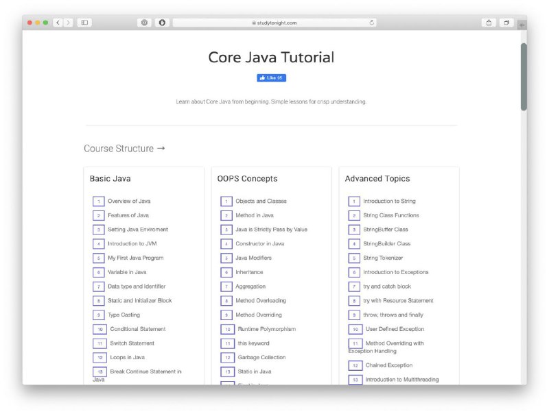 Studytonight 该网站提供了许多可免费学习的 #计算机科学 课程(偏入门)，包含 Java、Python、C++ 等 #编程 语言，Web 开发、计算机网络、操作系统、游戏开发、数据库操作、Git 使用等系列教程