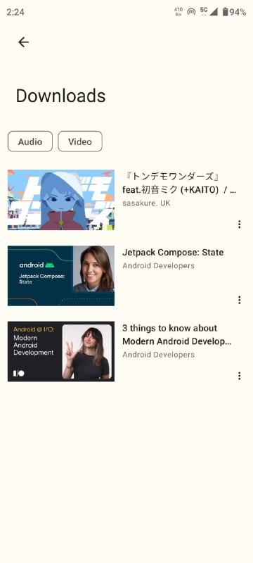 一个开源的 Material You 风格的视频下载软件，可以从开源项目 yt-dlp 所支持的数千个视频平台下载视频与音频，使用 Jetpack Compose 进行开发功能特色📌从 yt-dlp 所支持的数千个视频平台下载视频与音频📌提取媒体元数据与专辑封面，调用 mutagen 嵌入到提取的音频文件中📌播放列表下载支持📌内嵌字幕于视频文件中📌执行自定义的 yt-dlp 命令模板📌管理应用内下载与自定义命令模板📌使用简单、用户友好📌遵循 Material Design 3 设计规范，实现了 动态色彩 主题的应用界面📌MAD