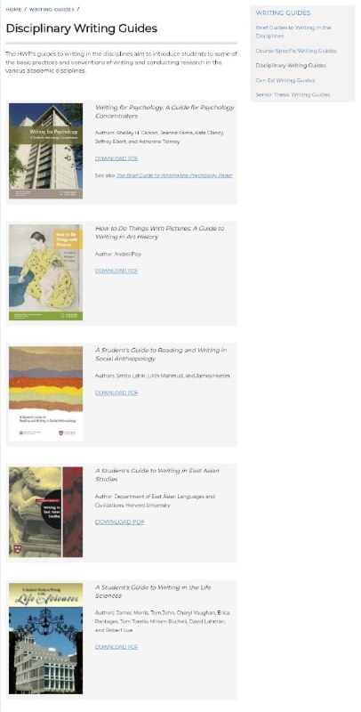 关于 #论文写作 问题，可参考Harvard Writing Project， 提供的写作手册涵盖史学、文学、艺术史、人类学、哲学、宗教学、政治学、性别研究、经济学、心理学等