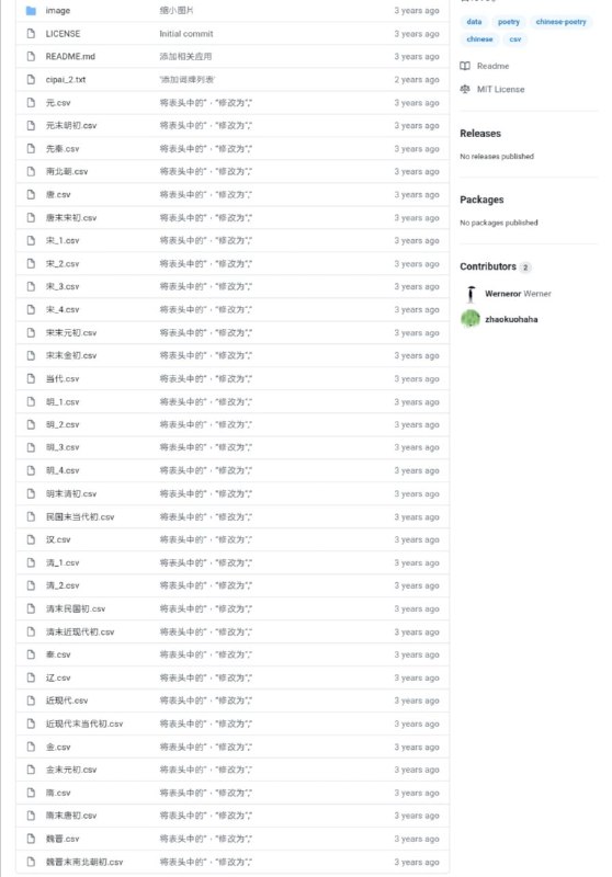 Poetry一个古 #诗词 项目，收录了从先秦到现代的共计 85 万余首古诗词