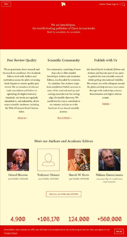 InTechOpen免费科技 #文献 #论文 网站，涵盖了计算机科学，材料，工程等方面超过200多部免费书籍和8000多免费专业论文的网站