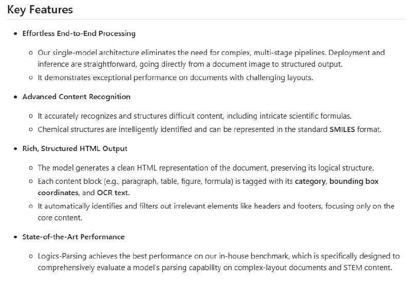 在线文档解析往往需要多阶段复杂流程，特别是科学论文、化学结构、手写公式等内容解析难度大