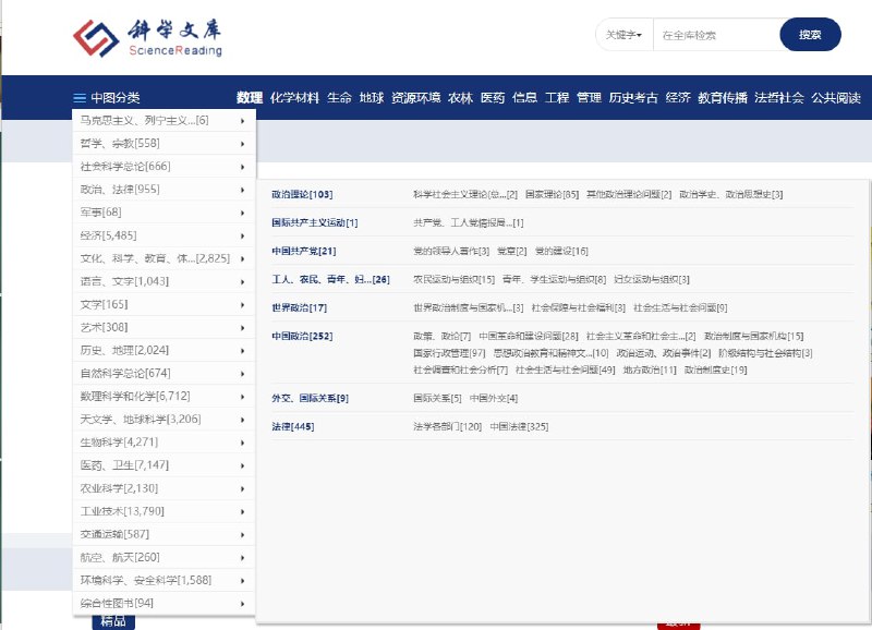 科学文库分为15个学科专辑，覆盖自然科学、工程与技术科学、人文与社会科学、医药科学、农业科学五大门类的所有一级学科，所有图书按标准学科和中图法两个体系进行分类