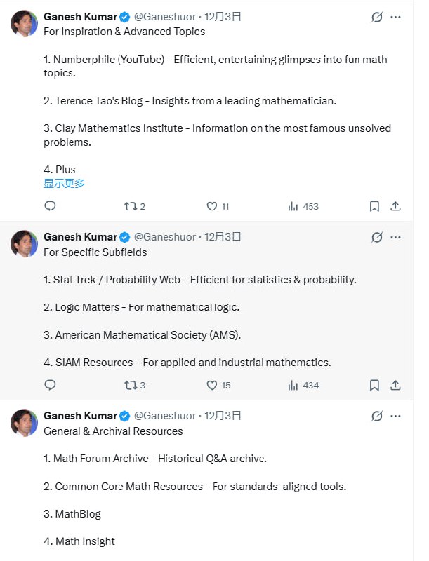 Ganesh Kumar整理了一份极具价值的数学学习资源清单，覆盖从入门到高级的各类需求，帮助学生和爱好者高效掌握数学知识