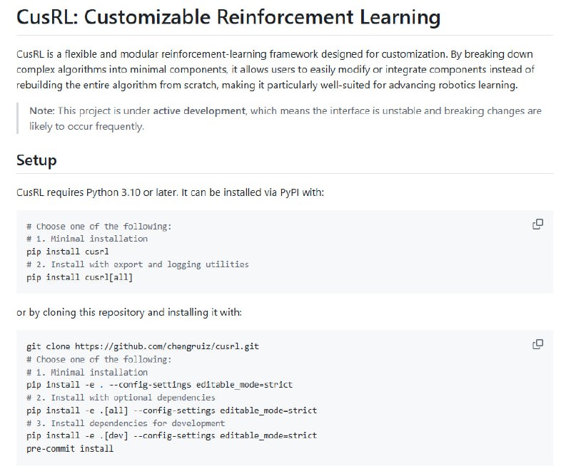 、专为强化学习定制的模块化框架，聚焦灵活扩展与清晰架构，助力机器人学习与科研创新