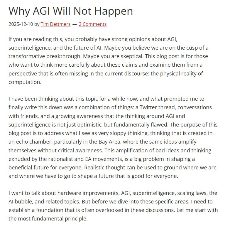 为什么真正的通用人工智能（AGI）不会实现？Tim Dettmers深刻剖析了这个被广泛误解的话题，指出当前关于AGI和超级智能的乐观预期忽视了计算的物理现实和资源限制