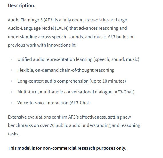 NVIDIA最新发布的Audio Flamingo 3模型现已在Hugging Face开放获取这是一个领先的多模态大规模音频语言模型，能精准理解和推理语音、声音及音乐，已在20多个任务上刷新性能标准