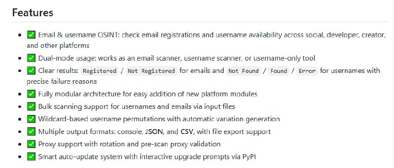 在线信息搜集（OSINT）经常需要在多个平台上查询用户名或邮箱是否存在，去不同网站一个个查，繁琐又耗时