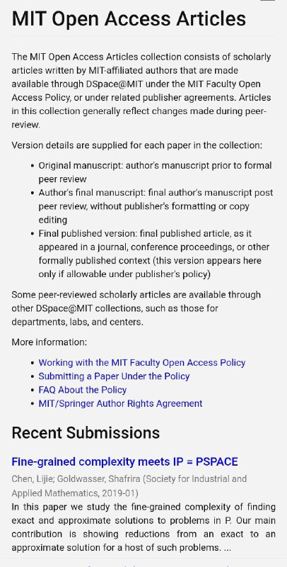 MIT Open Access Articles  通过DSpace@MIT 提供麻省理工学院MIT发表的学术论文，包括原始稿，同行评议稿，最终出版的正式文档