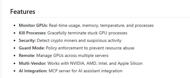 GPU Kill 是一款命令行工具，支持 NVIDIA、AMD、Intel 和 Apple Silicon 平台，实时监控GPU状态，优雅终止卡死进程，检测挖矿行为，保障GPU资源安全