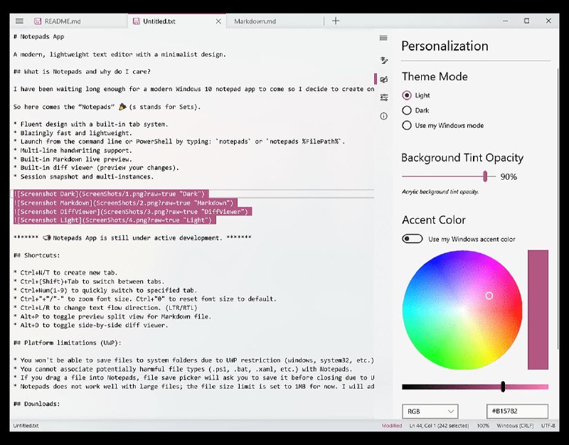 Notepads 一款基于 C# 开发的 UWP #文本编辑器 ，完全可以代替 Windows 系统自带的笔记本应用