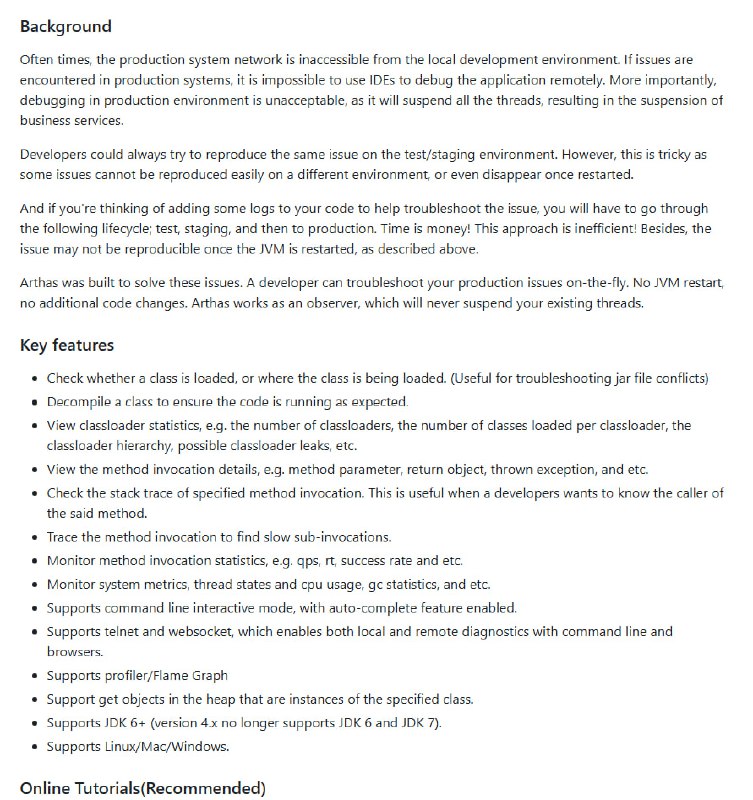 Arthas 是 alibaba/arthas 开源的 Java 诊断工具