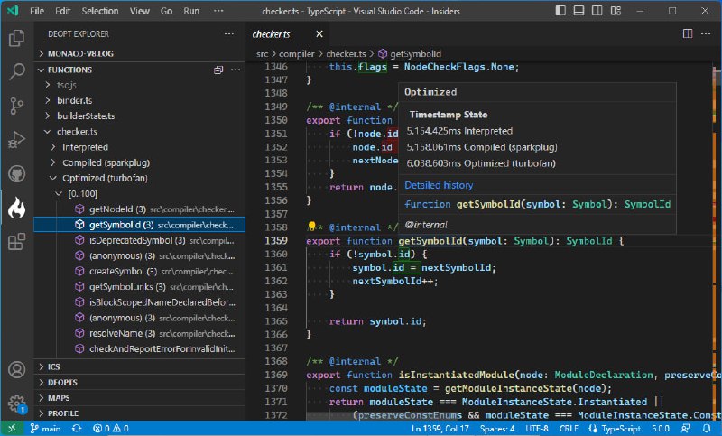 一个VS Code扩展，用于在V8（如NodeJS、Edge、Chrome等）中运行的JavaScript和TypeScript代码中可视化反优化情况，可以帮助用户深入了解V8优化编译器的内部工作原理，并分析代码以查找可能导致性能退化的原因