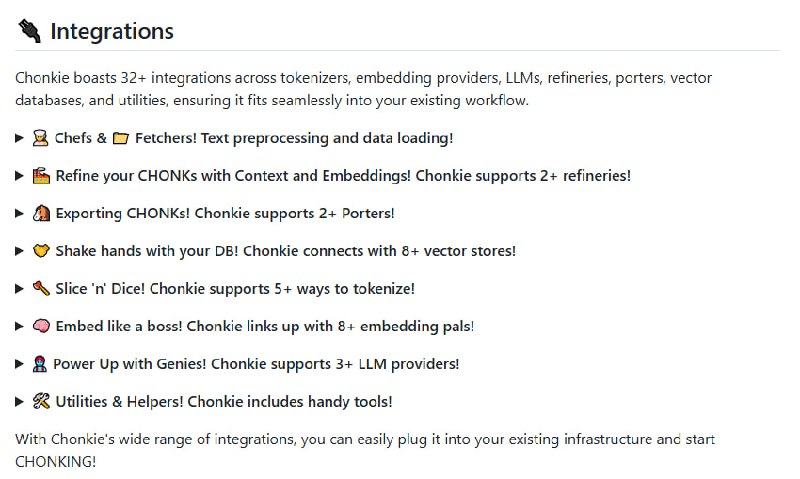 Chonkie 是一个超轻量级且功能强大的文本分块（chunking）库，专为快速、精准地拆分和优化文本而设计