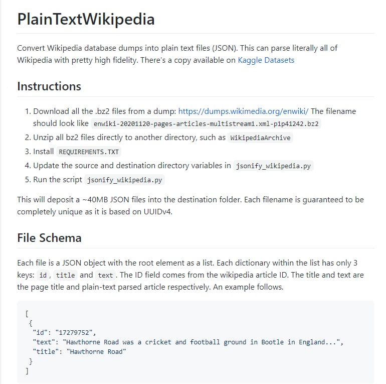 PlainTextWikipedia 将Wikipedia数据集转换成纯文本文件