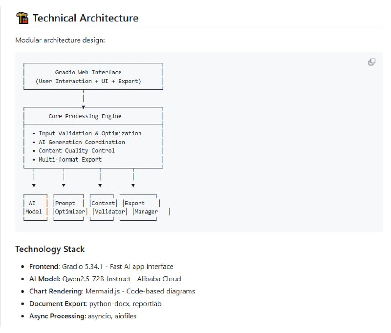 构思一个产品方案，写技术文档，画架构图总是耗时费力？VibeDoc 是一个AI驱动的产品经理和架构师助手，能在1-3分钟内根据你的创意自动生成完整的开发计划、技术方案、架构图和AI编码提示