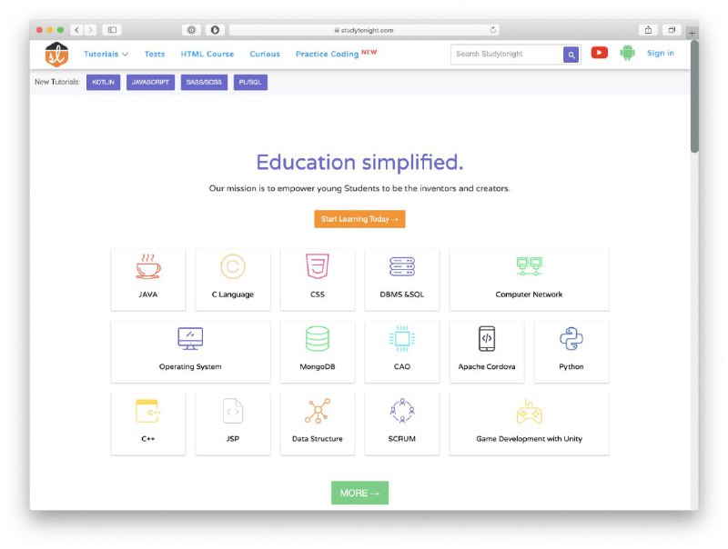 Studytonight 该网站提供了许多可免费学习的 #计算机科学 课程(偏入门)，包含 Java、Python、C++ 等 #编程 语言，Web 开发、计算机网络、操作系统、游戏开发、数据库操作、Git 使用等系列教程