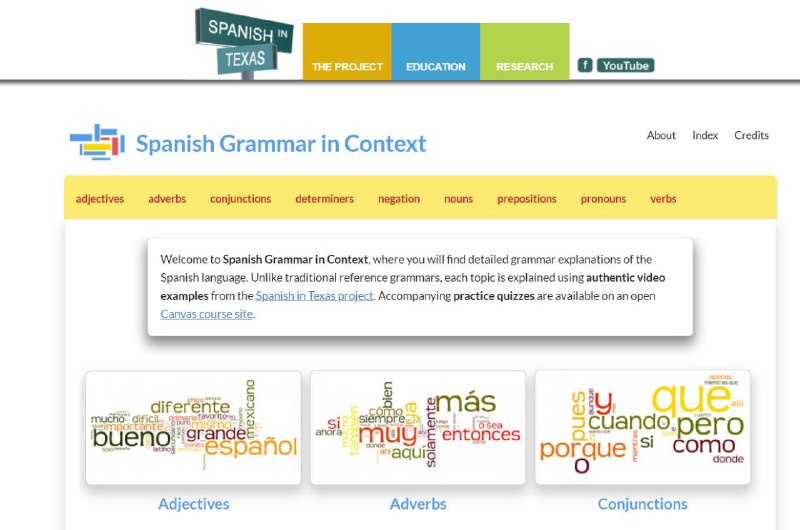 Spanish in Texas，可以在线学习德州西班牙语，由得克萨斯大学奥斯汀分校主办，可以查看语法知识和真实语音视频，内容很丰富，视频和字幕可以免费下载