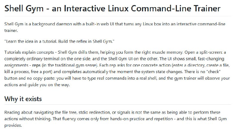 Shell Gym 是一套交互式 Linux 命令行训练系统，可将任意 Linux 主机转变为实操训练场