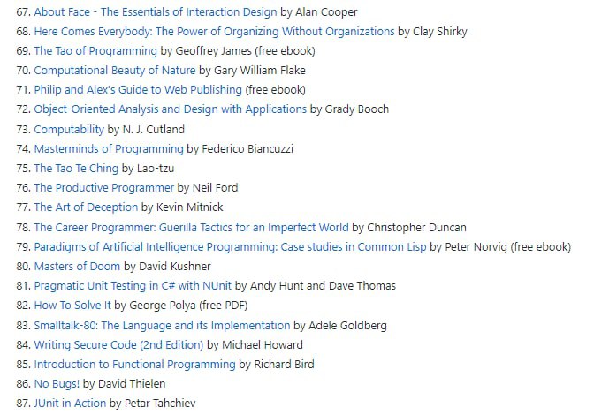 Most influential books for programmers，整理了多本最具影响力的计算机科学 / 编程书籍，书单源自 Stack Overflow 上的一个回答Most influential books for programmers，整理了多本最具影响力的计算机科学 / 编程书籍，书单源自 Stack Overflow 上的一个回答