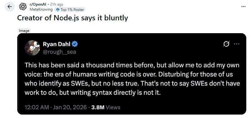 当Node.js之父宣布“人类写代码的时代结束”，程序员该何去何从Ryan Dahl，Node.js的创造者，最近在社交媒体上直言