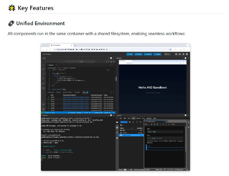 AIO Sandbox 是一个开源的全合一智能体沙箱环境，将浏览器、Shell、文件系统、VSCode 服务器及 MCP 服务整合到同一个 Docker 容器中，提供统一且安全的开发与执行环境