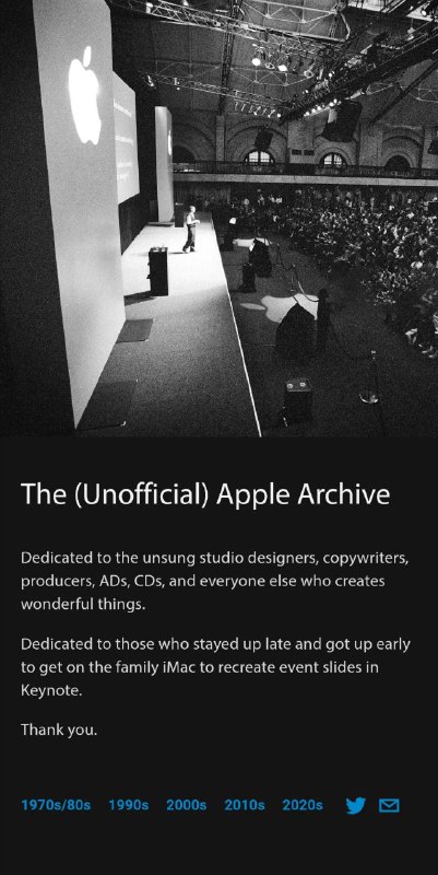 Apple Archive 是一个苹果公司 #档案 网站（非官方），收集了苹果公司从成立以后的所有广告、海报和宣传材料