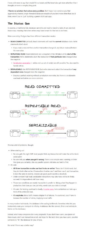 也许，数据库应该采用单线程设计？| blog这篇文章讨论了为什么大多数事务型数据库应该采用单线程模式并进行积极的分片，尤其是在高负载的情况下