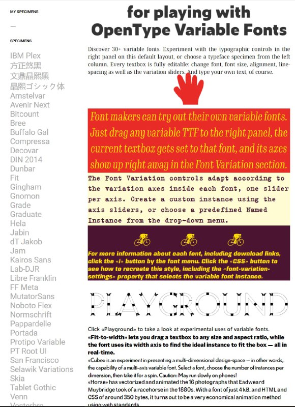 Google 一直力推可变字体，Figma 也直接支持可变字体，此时就需要工具来方便地测试可变字体Axis-Praxis 是可变字体演示工具，搜集和展示了常见可变字体，可选择标题、正文等不同文字块，逐个调节字体包含的所有轴，还能上传自己的字体，每个字符都是一套带有可变参数的绘图脚本