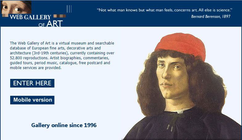 网络艺术馆是一个虚拟博物馆和可搜索的欧洲美术、装饰艺术和建筑（3-19世纪）的数据库，目前包含超过52.800件复制品