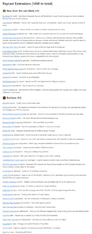 一份收集 Raycast 第三方插件集合 categorized-raycast-extensions | #插件已收集超过 1498 个插件，涵盖了商业、设计、音视频、社交媒体、教育、娱乐、AI、自动化、实用工具等等类别