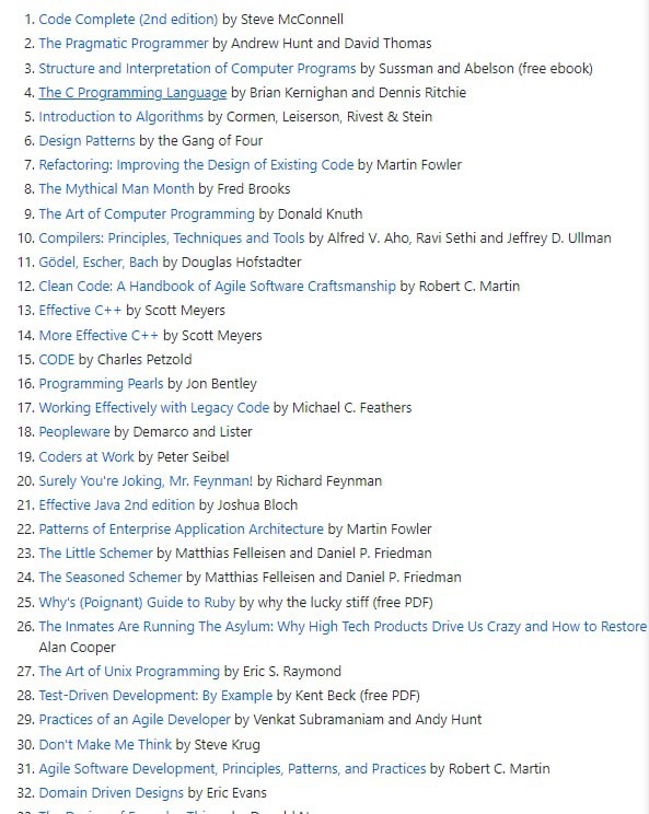 Most influential books for programmers，整理了多本最具影响力的计算机科学 / 编程书籍，书单源自 Stack Overflow 上的一个回答Most influential books for programmers，整理了多本最具影响力的计算机科学 / 编程书籍，书单源自 Stack Overflow 上的一个回答