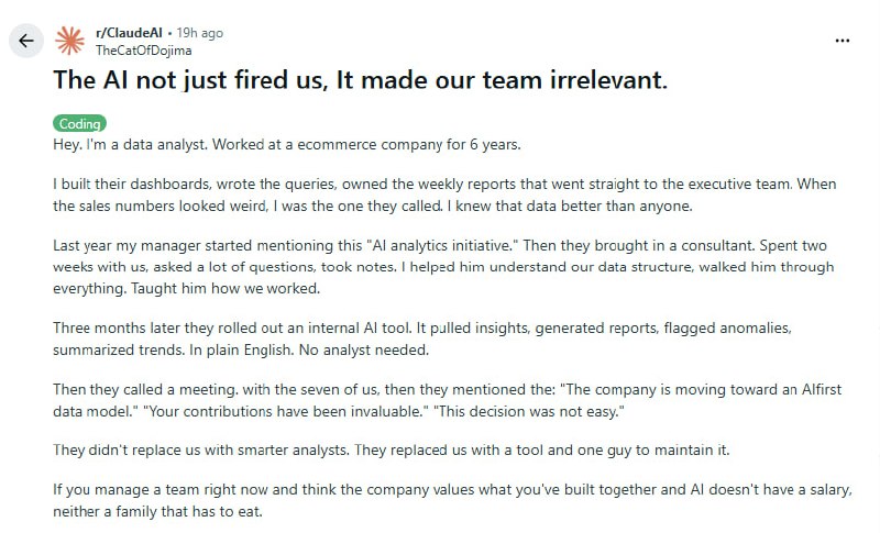 你以为经验是护城河，其实它是AI最好的训练数据 | 帖子一个七人数据分析团队，因为毫无保留地帮助了一位“AI顾问”，最终被一个AI工具和一名维护员彻底取代