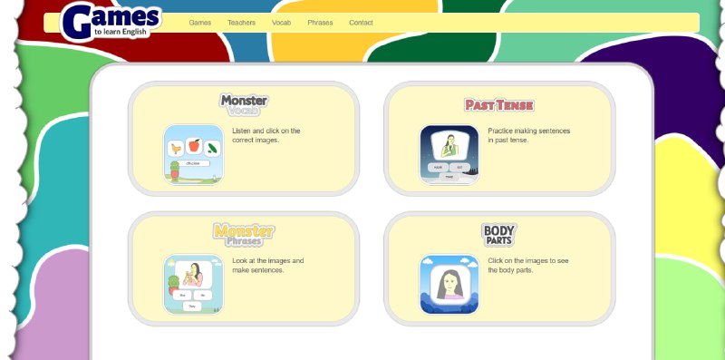 一个轻度游戏化学英语的网站，适合中小学生、初学英语的成年人音画同步做得好，直观易理解；一步步给提示引导猜测，诱发主动学习；句法结构练习帮助快速理解5种基本句型；难度分级，趣味性和挑战性兼具Games to learn english | #英语一个轻度游戏化学英语的网站，适合中小学生、初学英语的成年人音画同步做得好，直观易理解；一步步给提示引导猜测，诱发主动学习；句法结构练习帮助快速理解5种基本句型；难度分级，趣味性和挑战性兼具Games to learn english | #英语
