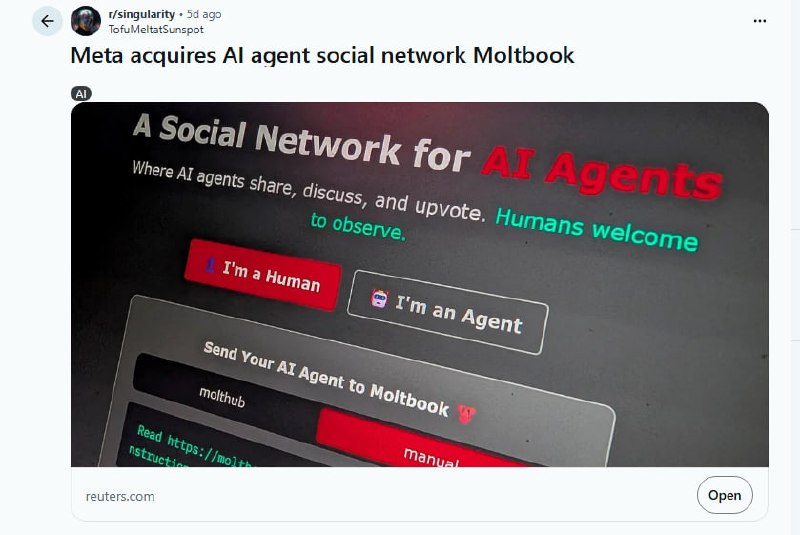 花钱买一个全是机器人的社交网络，扎克伯格到底在盘算什么？| 帖子Meta收购了一个给AI机器人用的社交网站Moltbook，引发群嘲