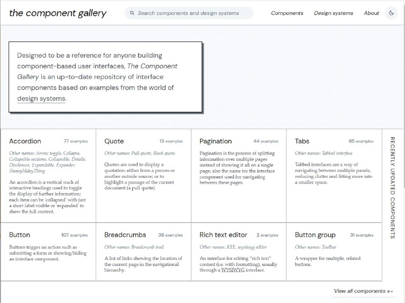the component gallery —— 设计系统、组件收集该网站收集设计系统和组件的名称、代码，帮助设计师和前端开发者了解组件名称、参考实现代码the component gallery —— 设计系统、组件收集该网站收集设计系统和组件的名称、代码，帮助设计师和前端开发者了解组件名称、参考实现代码
