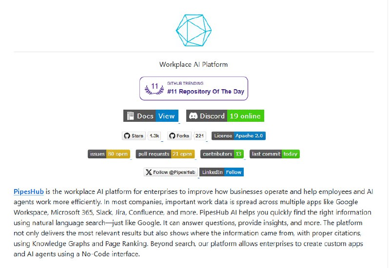 PipesHub 是一个开源的职场 AI 平台，帮你用自然语言搜索快速定位关键信息，支持知识图谱和页面排序，结果有据可查
