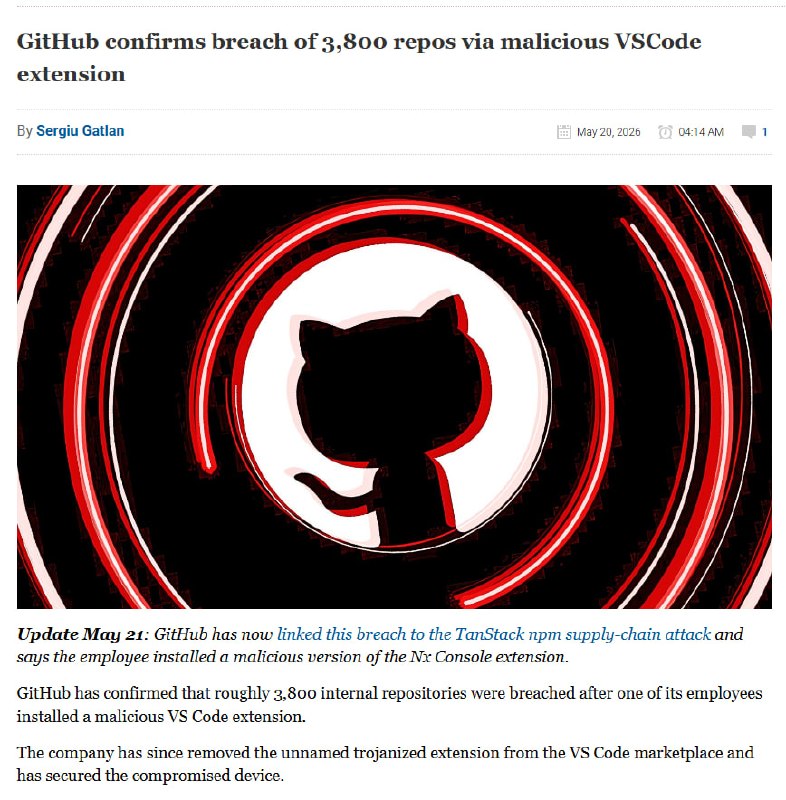 VS Code插件漏洞，撕开供应链安全真面目 | blogGitHub 内部约 3800 个仓库遭到泄露，起因是一名员工安装了带毒的 VS Code 扩展